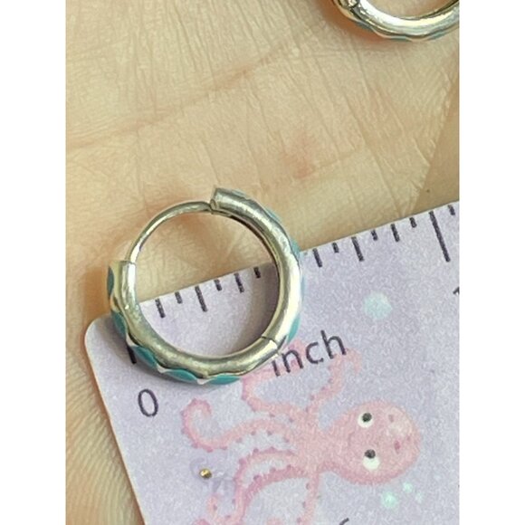Aqua Blue Enamel 925 Silver Huggie Hoop Earrings Pierced - Picture 6 of 13
